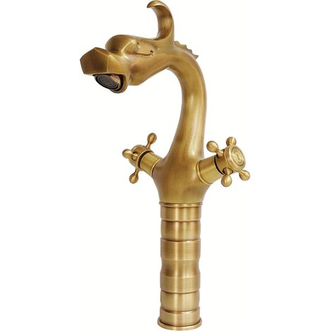 Robinet lavabo rétro tête dragon, mitigeur bronze vieilli double manette, finition laiton ancien, eau chaude froide, robinet lave-mains, robinet pour lavabo (1/5)