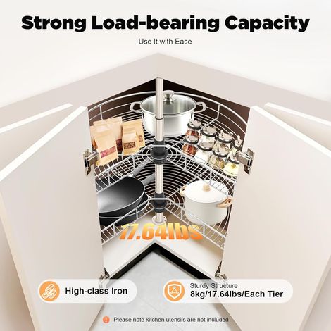 71cm Lazy Susan Turntable, 2‑Tier Corner Cabinet Organizer,270° Rotating Lazy Susan for Kitchen Blind Corner, Adjustable Height (54.4-77cm), Multi-Functional Spice Rack,Spice Rack & Pan Storage,Silver (1/5)