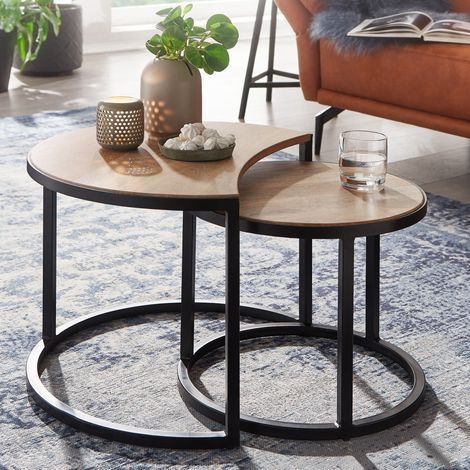 Lot de 2 tables d'appoint en manguier naturel et fer noir (1/5)