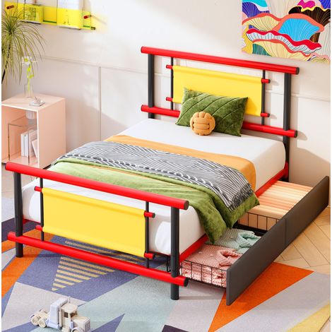 DESVIAE Lit enfant en métal avec tiroirs de rangement 90 x 200 cm rouge structure stable gain de place pour chambre enfant (1/5)