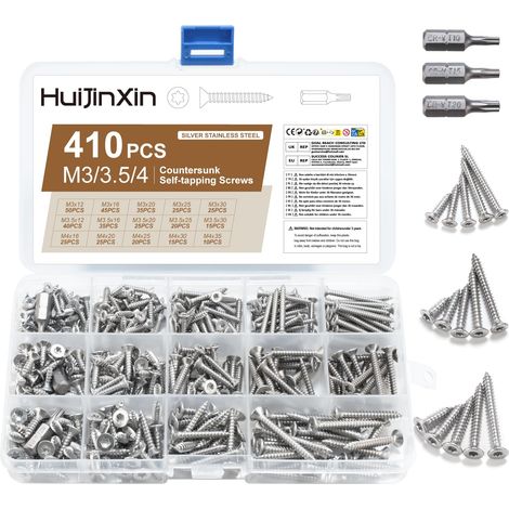 Lot de 410 vis à tôle auto-taraudeuses en acier inoxydable Torx Vis à tête plate M3 M3,5 M4 Vis à bois (argenté) (tête plate) (1/5)