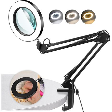Lupa de 10 aumentos con luz y soporte, lupa con luz, 3 modos de color continuo, 10 niveles de intensidad regulable, lámpara LED de escritorio para trabajar, coser, manualidades y regalar.