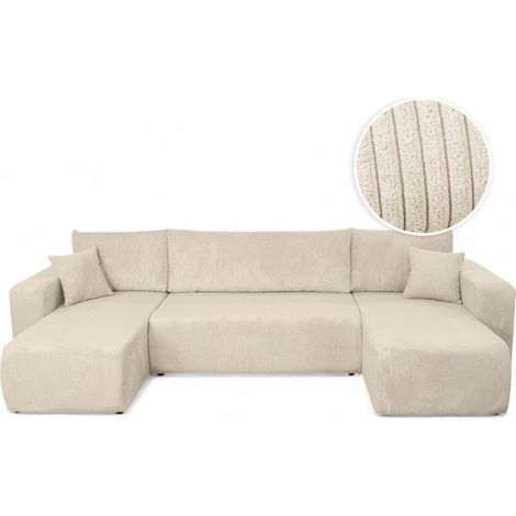 Loungitude – Canapé d'angle panoramique convertible 6 places en velours côtelé – Couchage rapide – Coffre de rangement intégré – Beige (1/5)