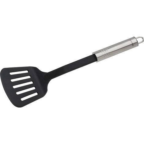Fackelmann 44308 scanalata Ovale da 33 cm, Pratica spatola in plastica con Manico ergonomico in Acciaio Inox, utensile da Cucina per Cucinare (Colore, quantità: 1 Pezzo, Inossidabile, Nero, Argento (1/2)