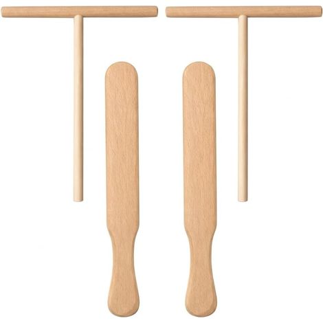 Kit Accessoires Crepiere 4 Pièces, 2 Spatule Crepe Bois et 2 Rateau 12cm Hêtre Naturel, Ustensiles de Cuisine Bois pour Etaler Pate a Crepe, Compatible Poele a Crepe, Crepiere Induction et Pancake (1/5)