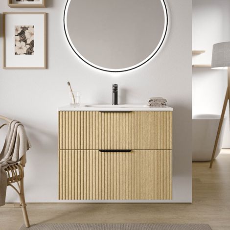 BERNSTEIN - Meuble vasque Beige strié de salle de bain 80x46x62cm (LxPxH) 2 tiroirs, Poignées chrome - TIM80 Chrome, Chêne strié