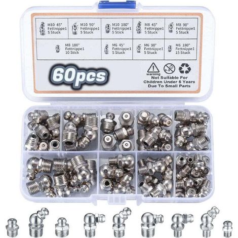 60 Pièces Assortiment de Graisseurs, Filetés de Graissage, M6 M8 M10 Raccords de Graisse, Raccords Filetage Mâle Graisseurs droit/45°/90° pour Équipement Mécanique graisseur a Visser (1/4)