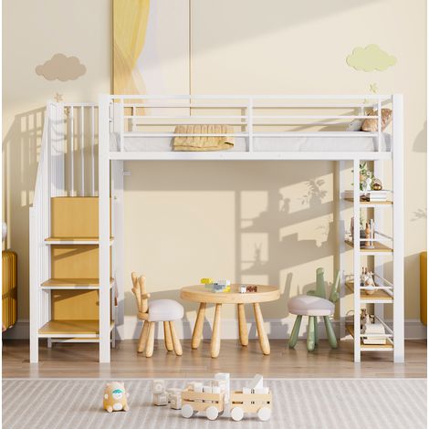 Letto a soppalco 90x200 cm bianco in metallo e MDF con scala contenitore e armadietto (1/5)