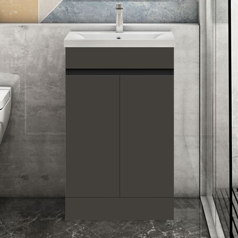 Badmöbel Set 50 cm Unterschrank Selbstmontierter mit Weiß Mineralguss waschtisch Unterschrank mit Anthrazit (1/5)
