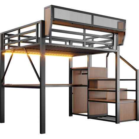 Cama alta 140x200 cm de metal con escritorio, estantes modulares y LED - negro HOMVRA (1/5)