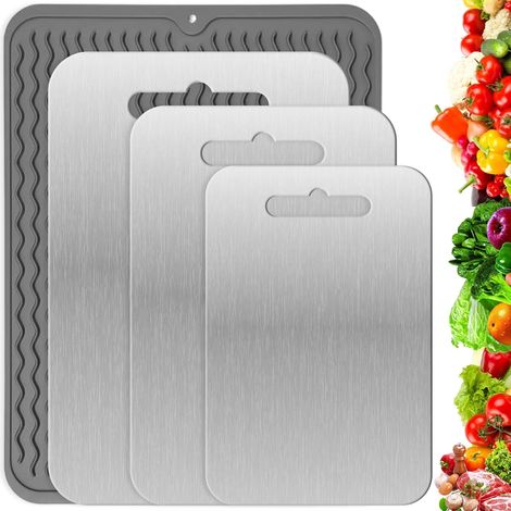 3 Pièces Planche Decouper Titane avec Tapis Silicone, Planches Cuisine Acier Inoxydable, Cutting Board Face Double Qualité Alimentaire,Planche Hygiénique Lave-Vaisselle pour Viande,Légumes et Fruits (1/5)