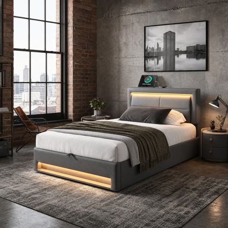 Cama individual 90x200 cm de PU gris con almacenaje, sin colchón FloraGrace (1/5)