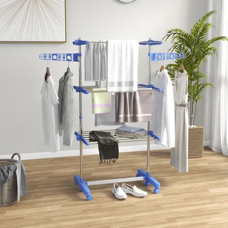 Stendibiancheria a torre pieghevole a 3 livelli con ruote, acciaio blu, OKWISH (1/5)