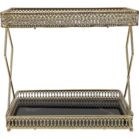 Étagère de rangement pour comptoir de salle de bain, gain de place, en fer et verre, à 2 niveaux, pour cosmétiques et parfums, noire avec motifs dorés (1/5)