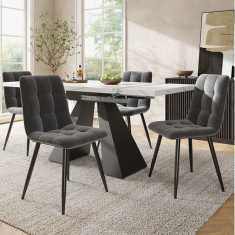 Ensemble de salle à manger MDF et métal blanc effet marbre, table extensible 99-159x74 cm avec 4 chaises en velours (1/5)