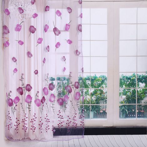 Voilage imprimé tulipe 100x200cm rideau en tulle violet pour décoration de fenêtre et balcon