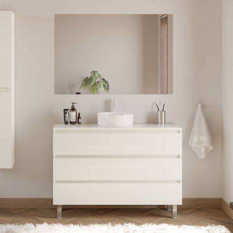 Meuble de salle de bain 120cm avec plateau et vasque à poser ronde - 3 tiroirs - blanc brillant - MAYOR (1/5)