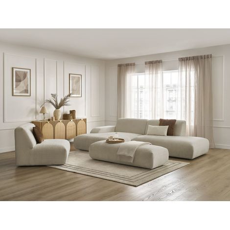 BOBOCHIC - Canapé d'angle fixe modulable SIRIUS tissu texturé avec 1 chauffeuse et grand pouf Angle gauche  Beige (1/5)