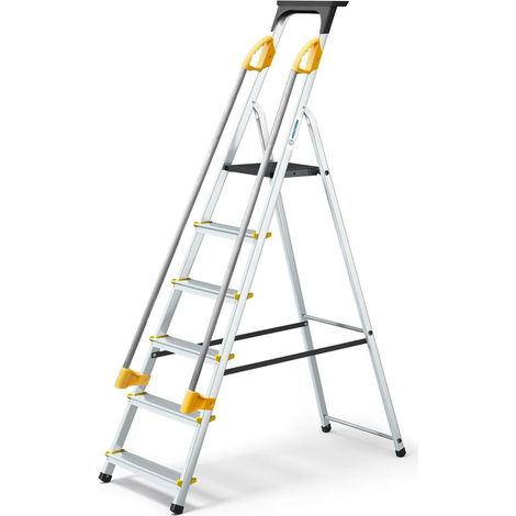 [JAMAIS UTILISÉ] Escabeau 6 marches DURAMP sécurisé avec rampes, tablette porte-outils, marchepied pliable aluminium, hauteur plateforme 119cm, garantie 5 ans Hoström