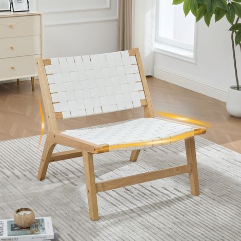 Poltrona reclinabile senza braccioli, 71x66x72 cm, in similpelle intrecciata, struttura in legno, stile industriale per soggiorno, bianca (1/5)