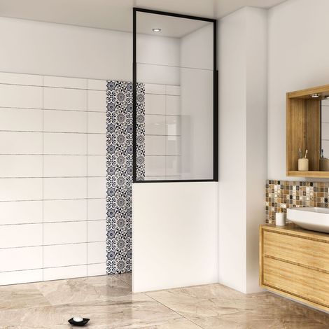Aica Sanitaire – Pare-muret salle de bain 90x110cm – Paroi fixe en verre anticalcaire 6mm – Profilé noir mat – Montage réversible (1/5)