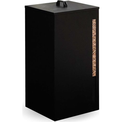 Idmarket – Réservoir à granulés 45 kg noir – Acier galvanisé – Dimensions 36 x 36 x 76 cm – 4 roulettes pour déplacement facile (1/5)