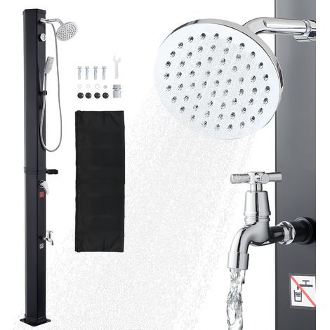 VEVOR Ducha Solar 40 Litros 205 cm, Ducha Solar Exterior con Grifo y Rociador de Mano, Cabezal Giratorio 360° Ajuste de Agua Fría y Caliente Máx. 60 °C, PVC Reforzado, para Piscina Patio Playa, Negro