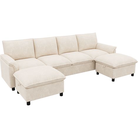 Canapé d'Angle Modulable en U Beige Chenille Assise Profonde avec 2 Poufs Rangement (1/5)