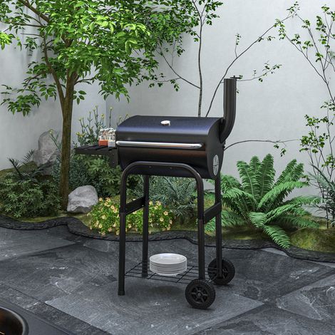 Carrito para barbacoa de carbón con estantes, ruedas, tapa, termómetro, chimenea, metal negro.