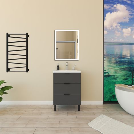 Biubiubath Ensemble meuble de Salle de Bain 60cm avec Pieds, et vasque en céramique, 3 tiroirs, Anthracite, Style Moderne (1/5)