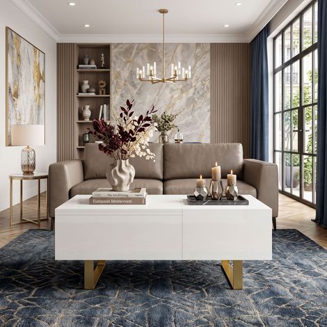 Creahappy Table Basse Relevable 100x50 cm avec Coffre et Tiroir - Gain de Place - Plateau Laqué Brillant Pieds Métal Doré - Blanc (1/5)