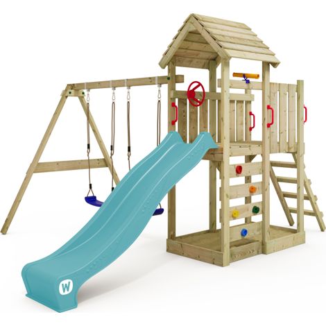Wickey MultiFlyer wooden play tower with wooden roof and swing for toddlers in turquoise blue