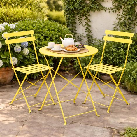 Garden Bistro 3 Piece Outdor Furniture Set Yellow Folding Patio Table and Chairs Garden Furniture, Yellow Metal Bistro, Round Balcony Table Set, Powder Coated Steel