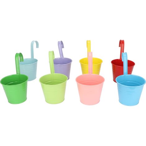 Lot de 8 pots de fleurs suspendus en fer décoratifs colorés avec crochets amovibles pour balustrade, clôture ou balcon. (1/5)