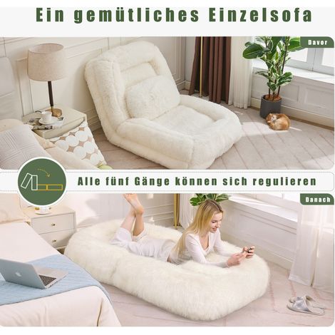 Canapé paresseux humain 5 positions réglables, lit pour chien en tissu peluche beige, fauteuil de sol gaming méditation détente, salon adapté jeu (1/4)