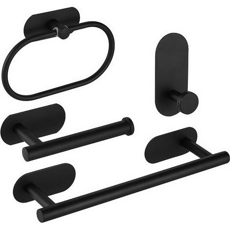 Porte-serviettes, Porte-serviette et patère de salle de bain, sans perforateur, Porte-serviettes 4 pcs, Acier inoxydable, Noir, KINSI (1/5)