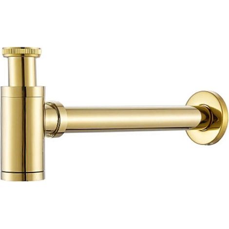 Siphon à bouteille en laiton - Siphon rond - Siphon de lavabo - Siphon P-Trap - 3,8 cm - Piège à odeurs - Piège à déchets - Tube d'évacuation pour salle de bain, lavabo, vasque, Or (1/4)