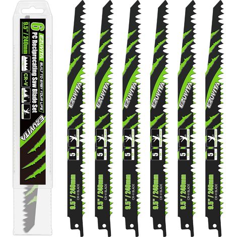 Cr-V Steel Reciprocating Saw Blades (6 Pieces) for Wood Pruning, with Storage Bag, 240mm Blades for Cutting Wood Trees (1/5)