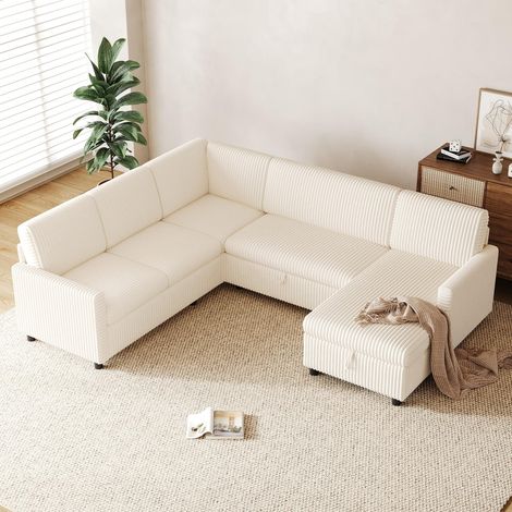 Canapé d’angle convertible en U 5 places 274x220x85 cm avec lit coulissant, grand coffre sous méridienne, velours côtelé, beige (1/5)