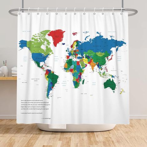 120x180cm Carte du Monde Rideau de Douche Coloré Carte du Monde Enfants éducatif Thème Pays Villes Rideau de Bain Blanc Rideau de Baignoire pour Salle de Bain avec Crochets (1/5)