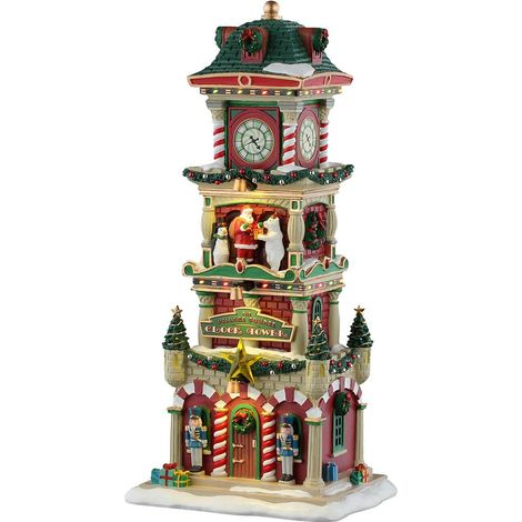 Lemax – Tour de l'horloge de la place du village – Bâtiment illuminé en résine – Dimensions 28.8 x 13.7 x 11.1 cm – Décorations de Noël scintillantes