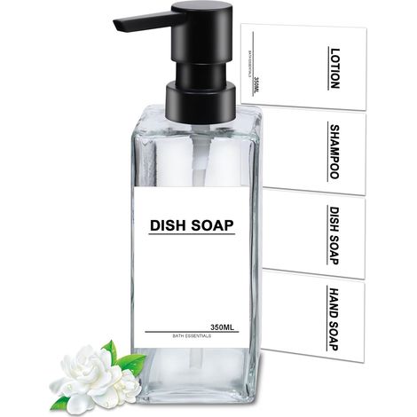 1Pièce Distributeur de Savon en Verre Transparent 350ml Distributeur Shampoing et Gel Douche à Remplir Distributeur Savon et Liquide Vaisselle avec Tête de Pompe en Plastique pour Savon Lotion Douche'