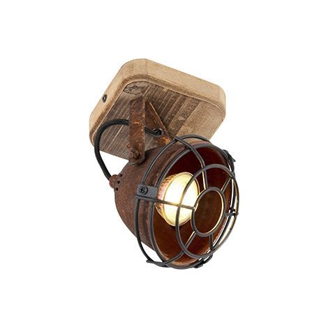 Spot orientable industriel en acier brun rouille – Applique murale GU10 – Hauteur 18 cm – Plaque bois 11 cm – Intensité variable (1/5)