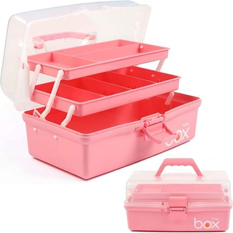 Boîte de rangement multifonction à trois couches-Boîte à outils pliable pour loisirs créatifs, fournitures de couture, boîte à médicaments, boîte de premiers secours familiale avec 2 plateaux (1/5)