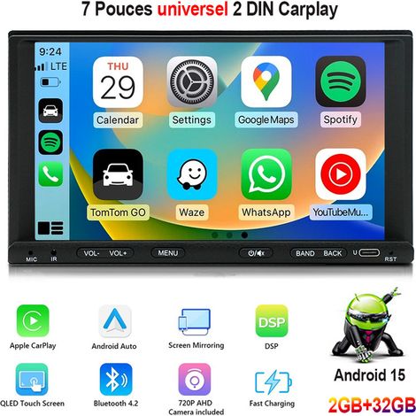 Autoradio double DIN 7 pouces avec CarPlay, GPS, Android, écran tactile 15 pouces, 64 Go, RDS, commandes au volant, Bluetooth 4.1 - 2+32G (1/5)