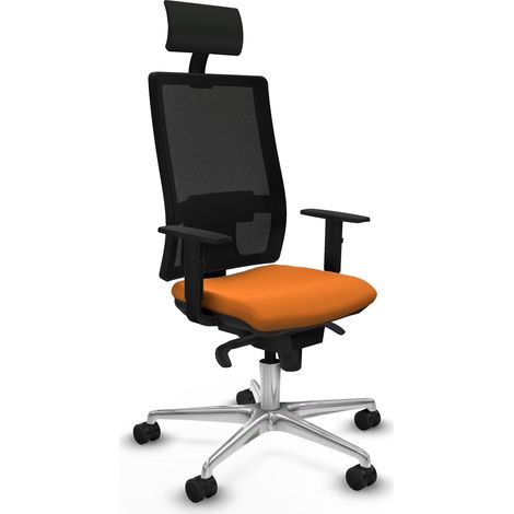 Horna sincro malla negra similpiel naranja brazos 1D base aluminio cabecero fijo ruedas 65mm nailon (1/5)