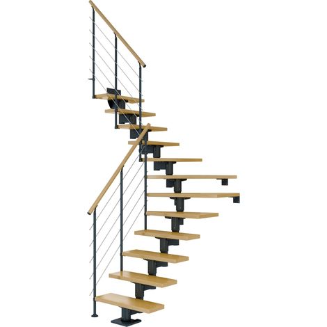 Dolle Mittelholmtreppe Cork Ahorn, lackiert 1/4 gewendelt 75 cm breit für GH 240 – 292 cm UK Metall Anthrazit mit Geländer