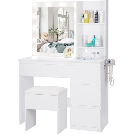 Schminktisch mit LED-Spiegel und Hocker, Kosmetiktisch mit 5 Schubladen und Steckdosen, Haartrocknerhalter, weißer Schlafzimmer-Schminktisch (B-White 94 40 140) (1/4)