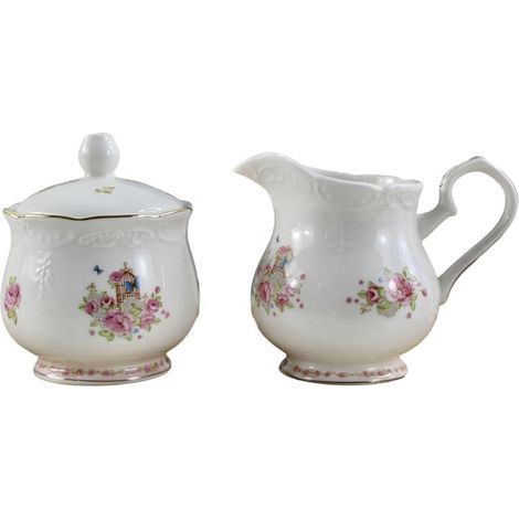 Ensemble pot à lait et sucrier - Porcelaine peinte - Pour service à café et thé - 2 pcs - Maison et restaurant - Rose