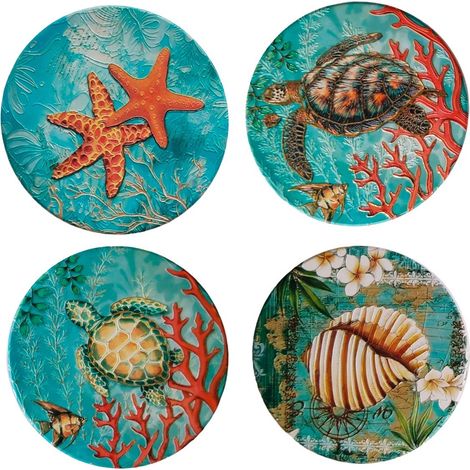 Set de 4 posavasos de cerámica fondo marino tortugas turquesa (1/3)
